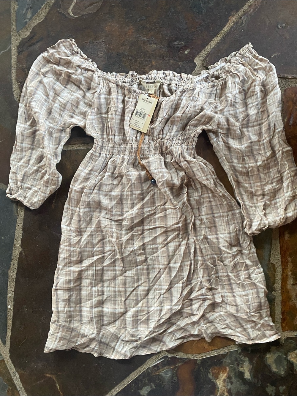 Stetson Off-Shoulder Plaid Dress in Light Beige and Cream